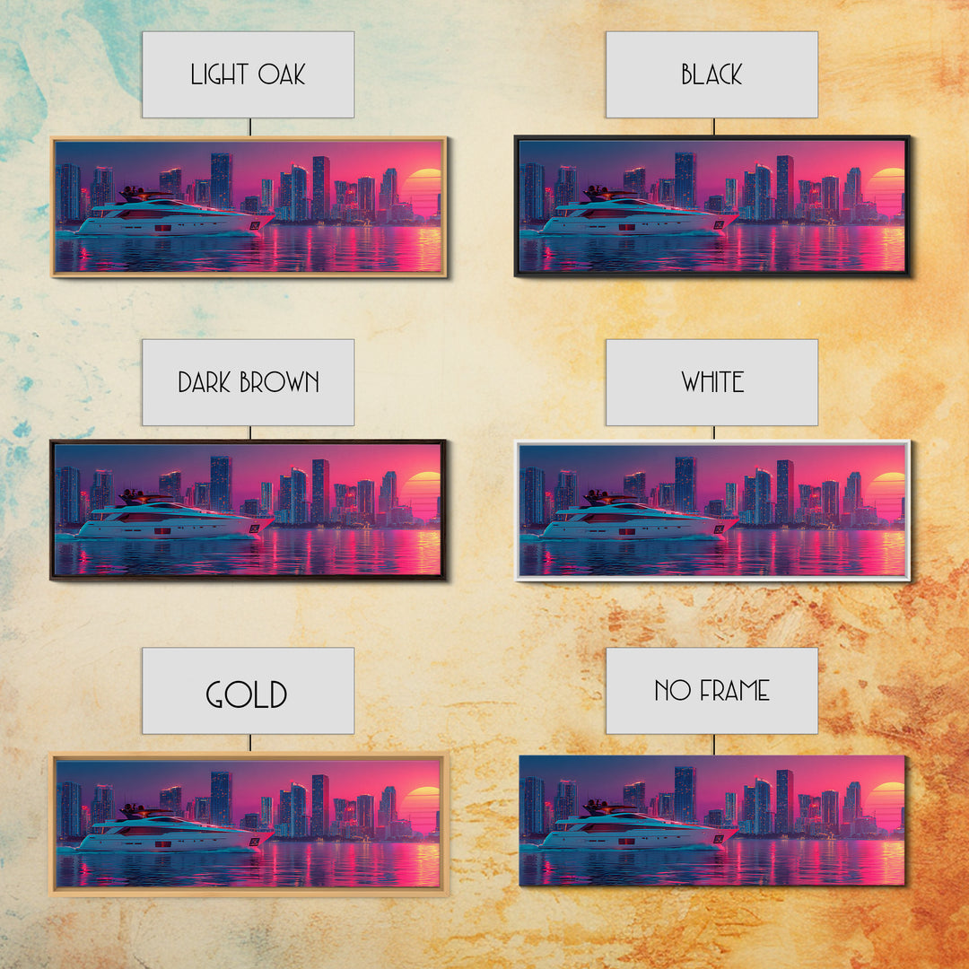 Neon Yacht And Miami Skyline Framed Canvas Print, Cyberpunk Coastal Wall Art, Vaporwave City Decor, Luxury Beach Poster Print
