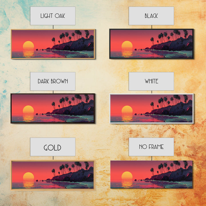 Retro Pixel Palm Beach Sunset Wall Art, Vaporwave Ocean Landscape Print, Tropical Coastal Decor, Long Horizontal Canvas Print