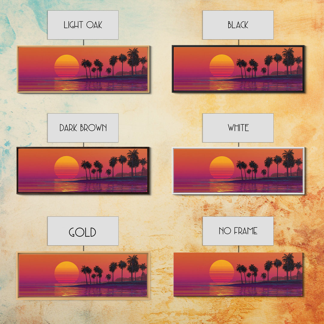 Retro Palm Beach Sunset Canvas Print, Tropical Ocean Wall Art, Vaporwave Coastal Decor For Living Room And Bedroom Wall Decor