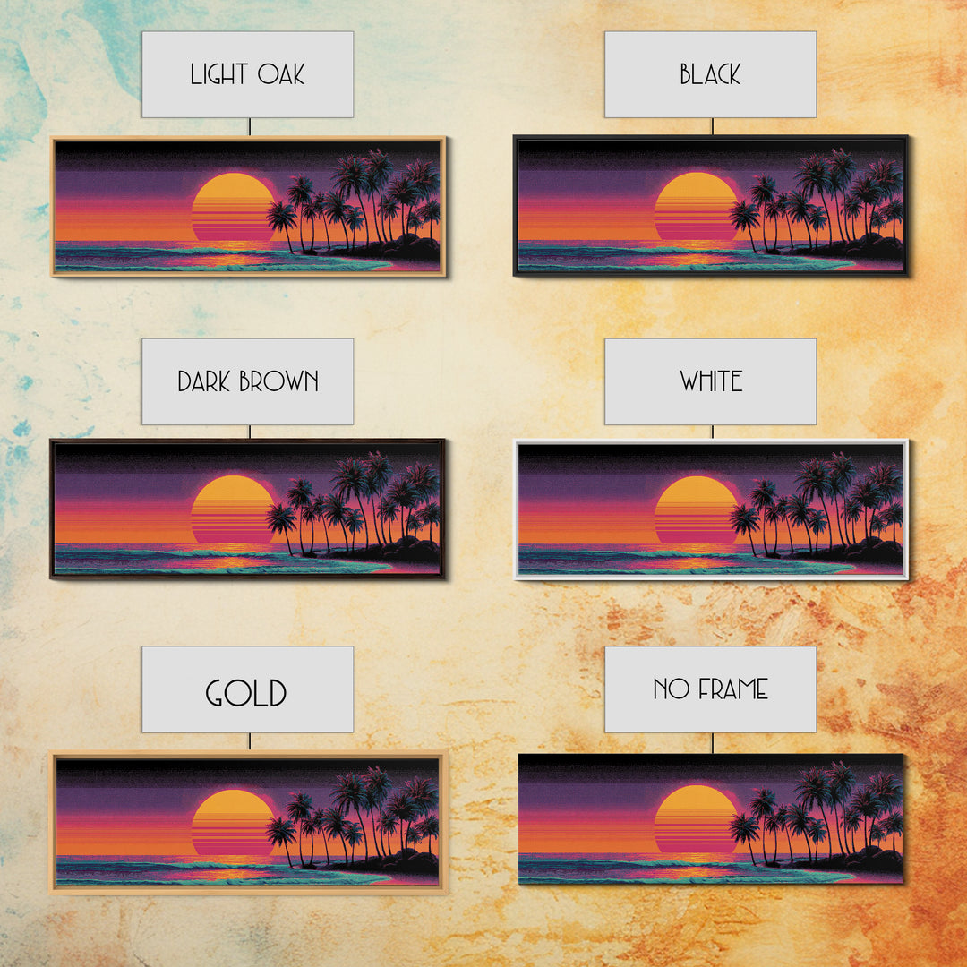 Vaporwave Palm Beach Sunset Wall Art, Retro Tropical Ocean Print, Neon Coastal Decor, Long Horizontal Canvas Print Poster