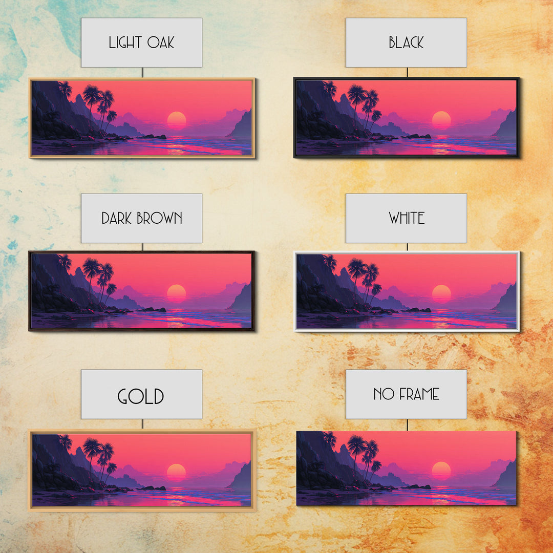 Magenta Tropical Cove Sunset Wall Art, Palm Island Ocean Landscape, Vaporwave Coastal Canvas Decor For Modern Living Room