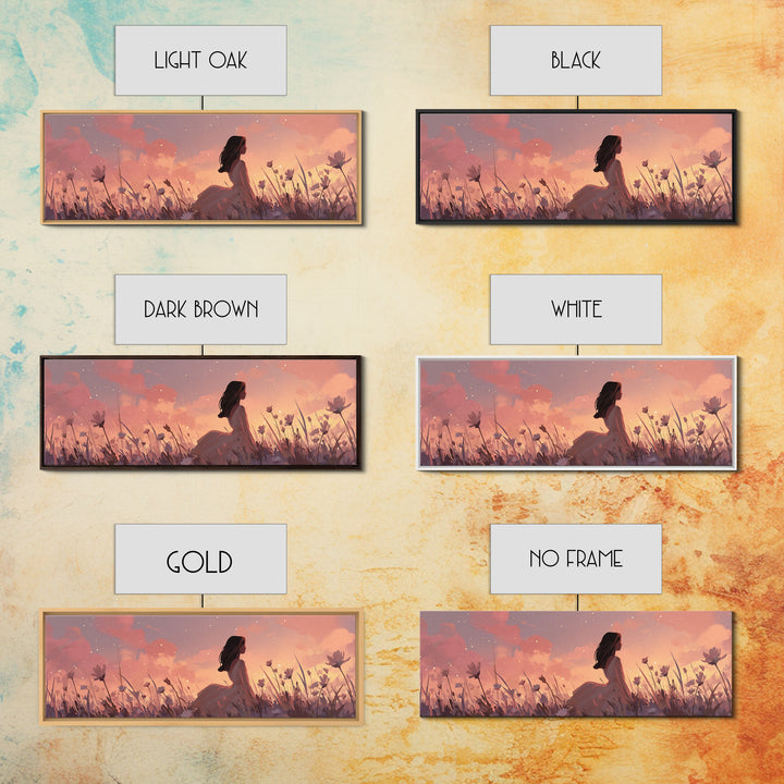 Sunset Girl In Wildflower Meadow Wall Art, Dreamy Feminine Landscape Print, Boho Bedroom Decor, Romantic Canvas Gift For Her