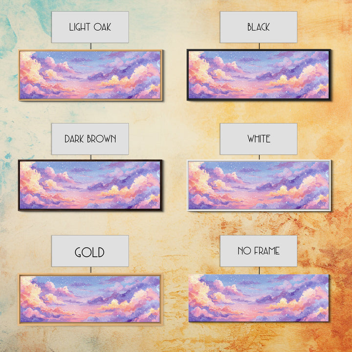 Pastel Starry Cloudscape Sunset Wall Art, Dreamy Sky Canvas Print, Whimsical Nursery Decor, Soft Aesthetic Bedroom Print