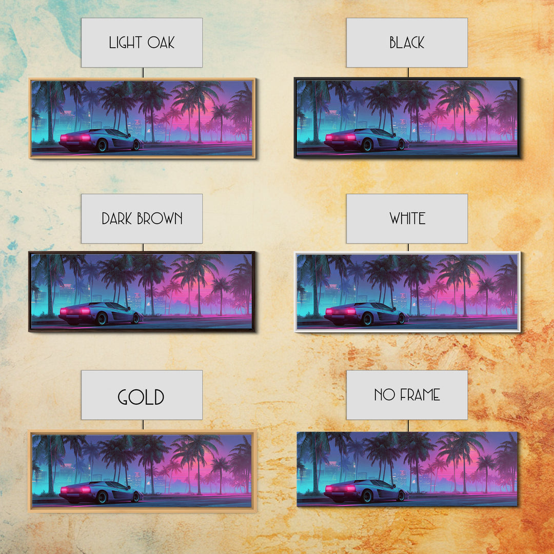 Neon Sports Car Under Palm Trees Wall Art, Cyberpunk Cityscape Canvas, Retro Futurism Decor, Gaming Room Wall Decor, Home Decor
