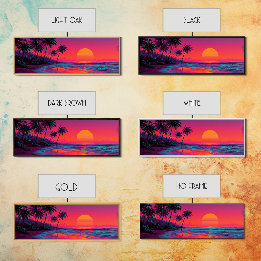 Synthwave Palm Beach Sunset Wall Art, Retro Tropical Ocean Canvas Print, Neon Coastal Decor, Colorful Summer Room Poster