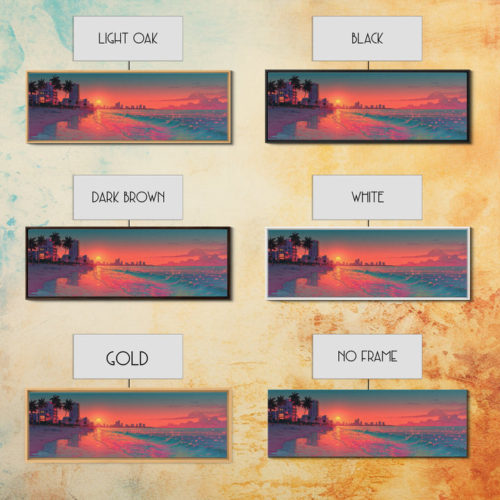Pixel Art Beach Sunset And Neon Shoreline Wall Art, Miami Coastal Print, Retro Travel Poster, Ocean Decor For Living Room