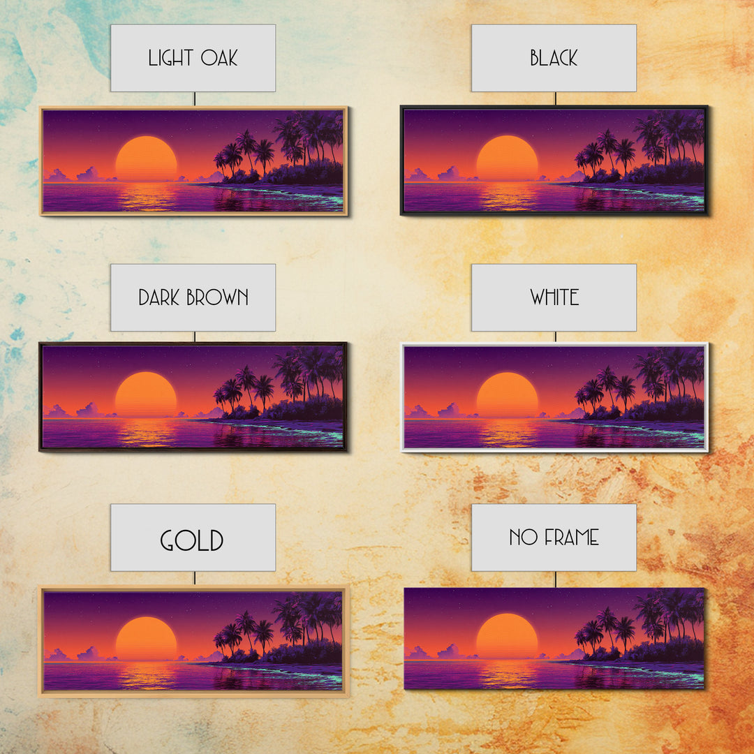Retro Tropical Sunset Beach Island Wall Art, Purple Ocean Canvas Print, Palm Tree Vaporwave Decor, Coastal Summer Gift For Her