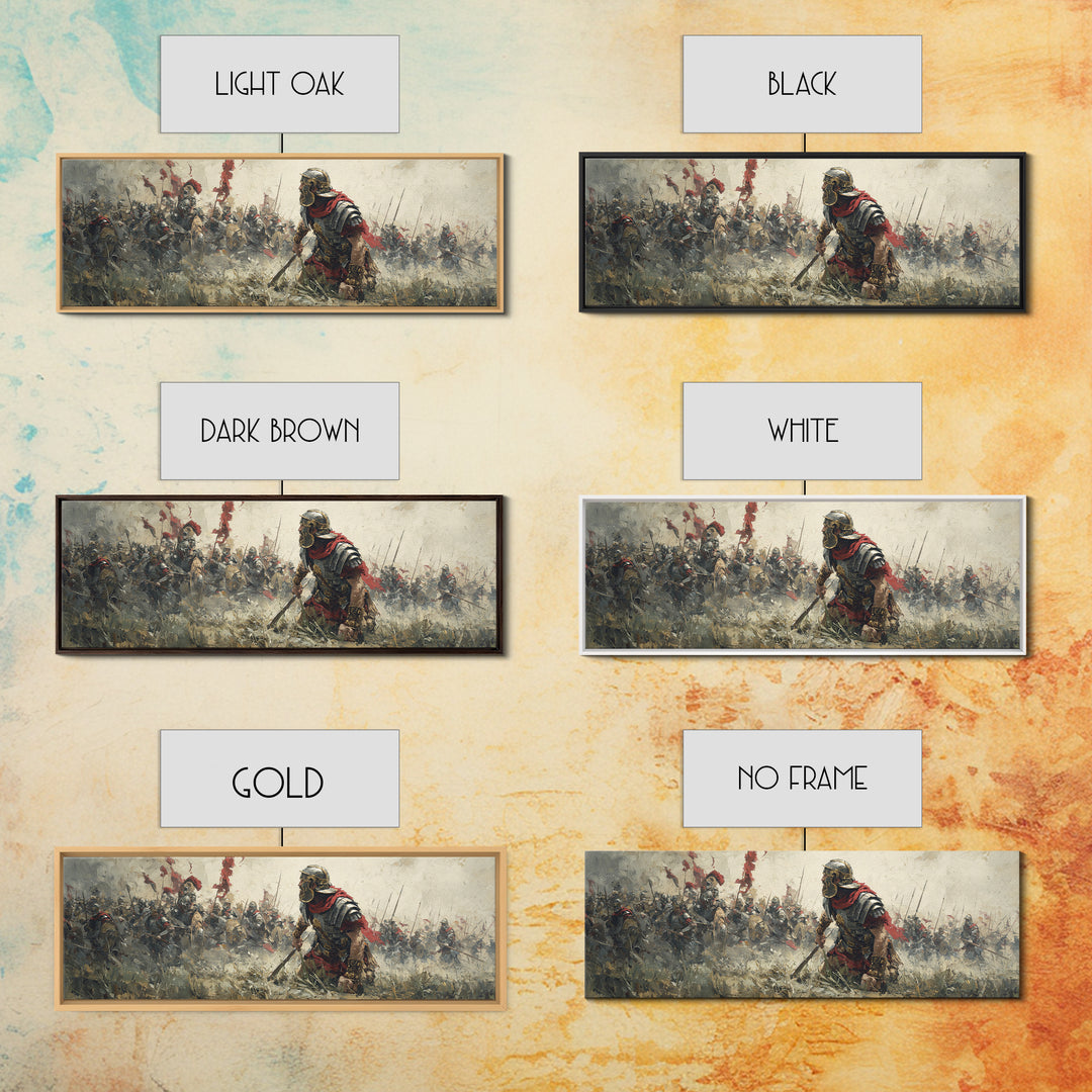 Ancient Warrior Leading Smoky Battlefield Wall Art, Panoramic Historical Battle Canvas, Masculine Office Decor Gift For Him