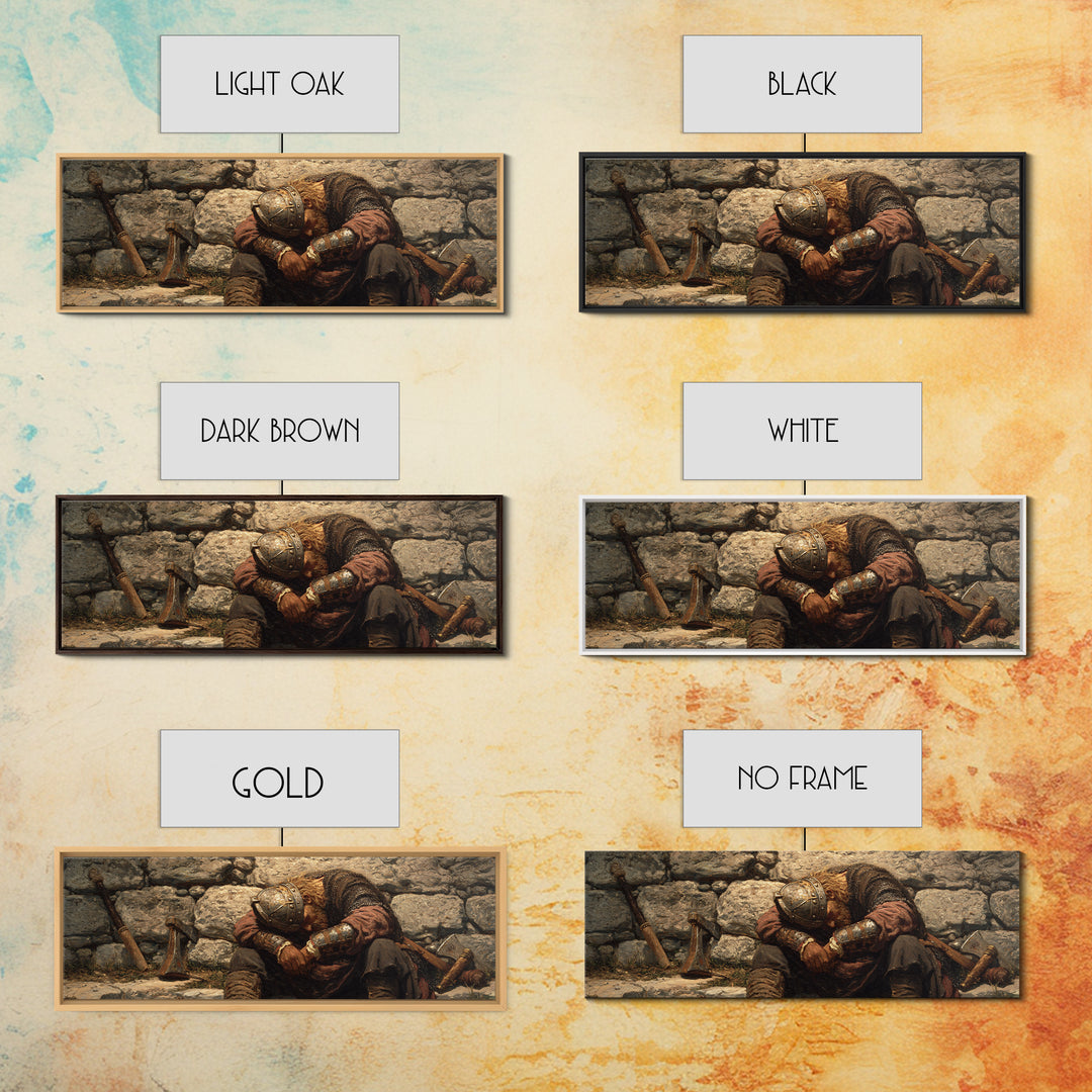 Weary Viking Resting By Stone Wall Framed Canvas Print, Norse Warrior Art, Rustic Medieval Decor, Dark Academia Gift Print