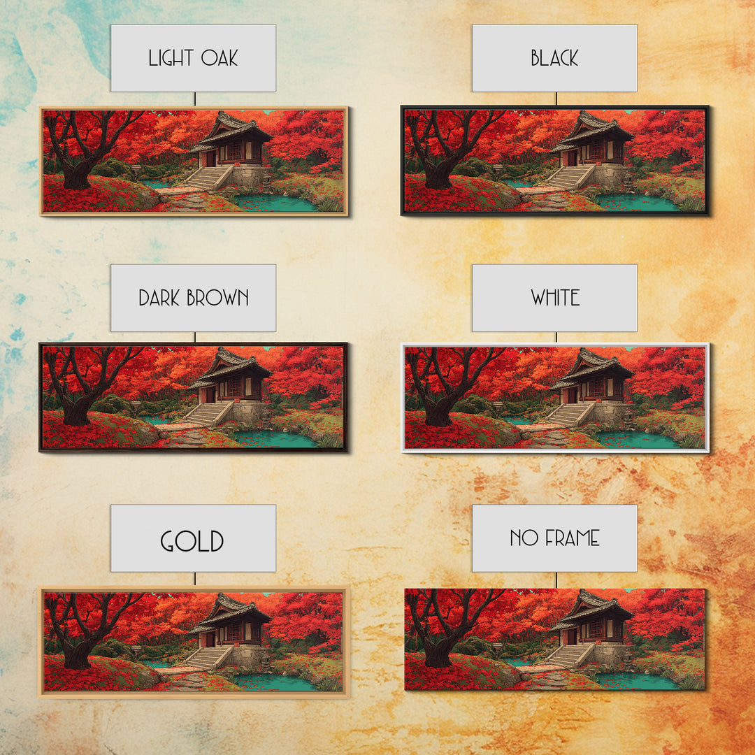 Red Maple Temple And Teal Pond Wall Art, Japanese Landscape, Autumn Forest Decor, Zen Home Decor, Panoramic Canvas Print