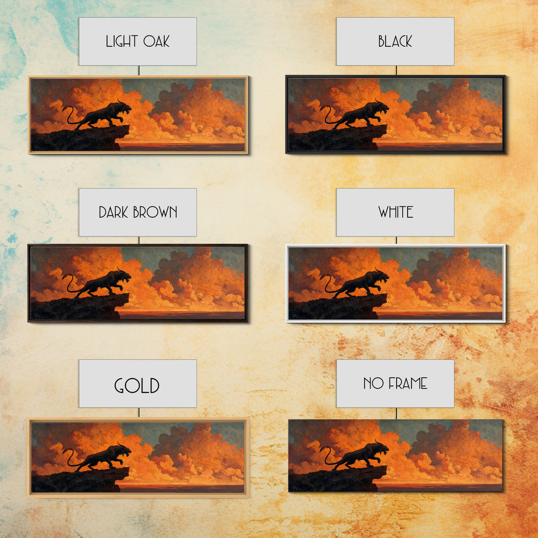 Dramatic Black Panther Silhouette Against Fiery Sunset Sky Landscape Canvas Print For Unique Wall Art Decor