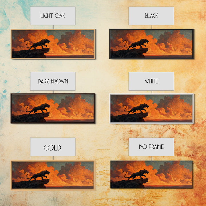 Dramatic Black Panther Silhouette Against Fiery Sunset Sky Landscape Canvas Print For Unique Wall Art Decor