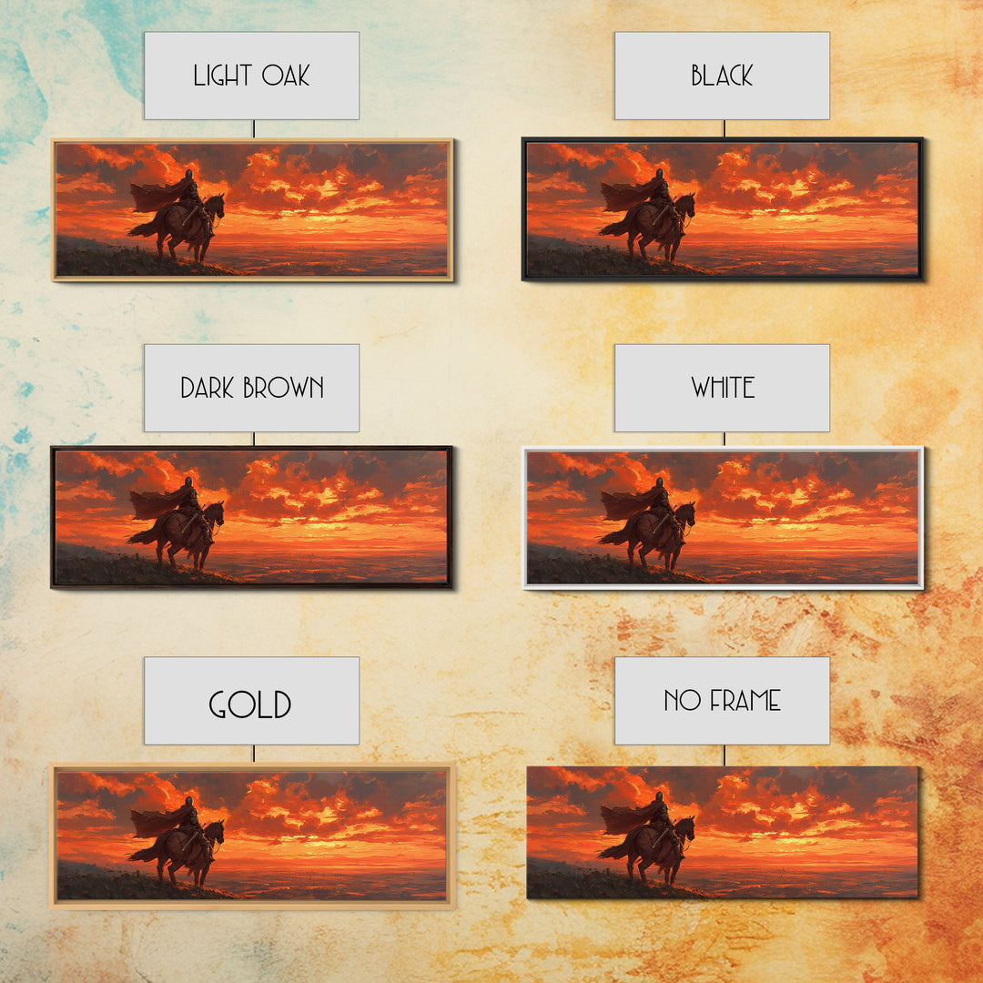 Knight In Armor On Horseback At Dusk Dramatic Sunset Canvas Print With Fiery Sky And Epic Medieval Scene Wall Art For Living Room Decor