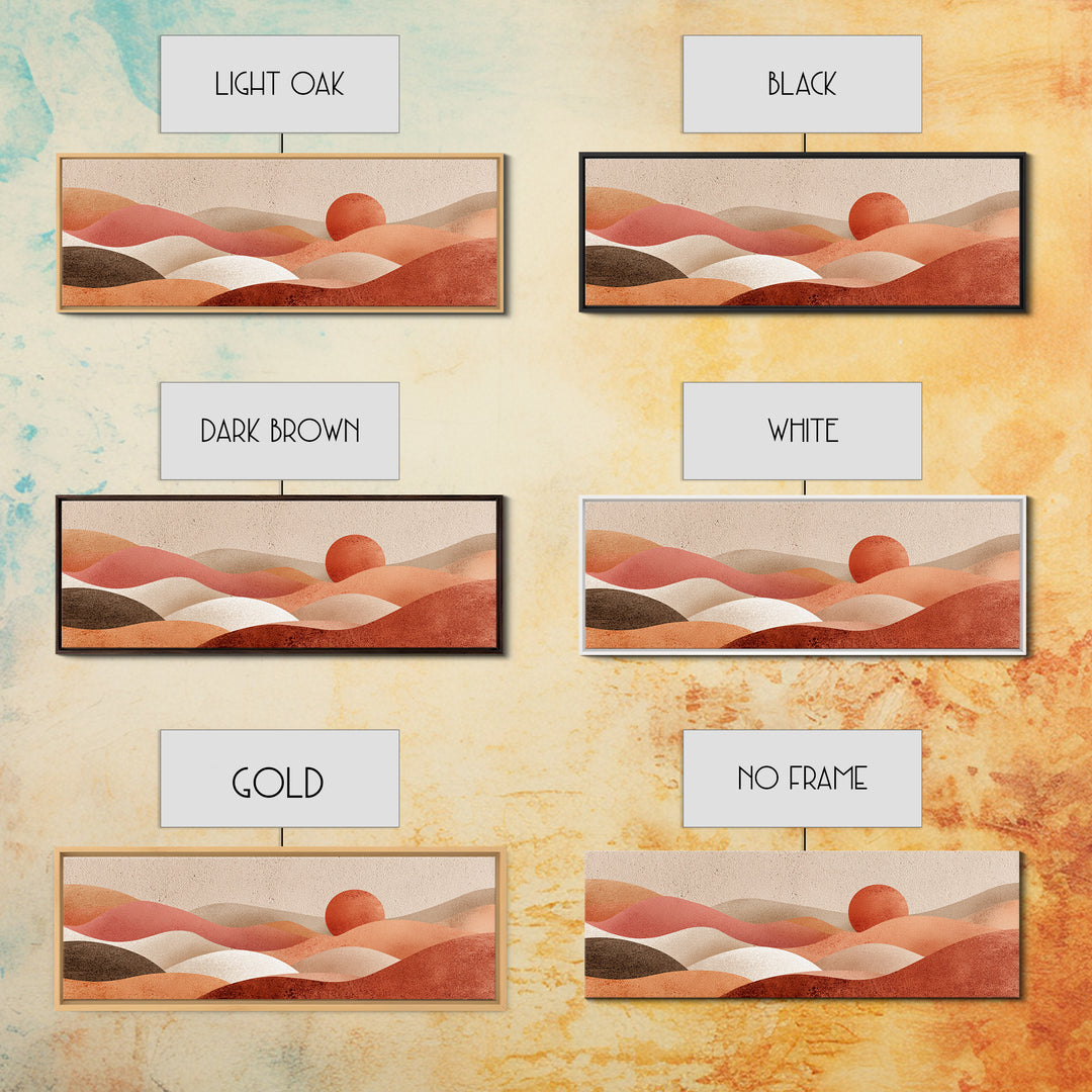 Soft Rolling Hills And Red Sun Wall Art, Abstract Landscape Canvas Print, Earth Tone Decor, Large Horizontal Living Room Art