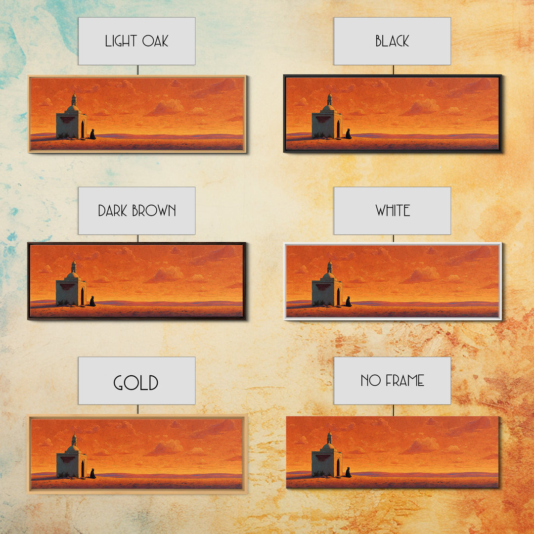 Orange Desert Mosque At Sunset Wall Art, Islamic Landscape Print, Panoramic Canvas, Prayer Room Decor, Warm Earth Tone Home Decor