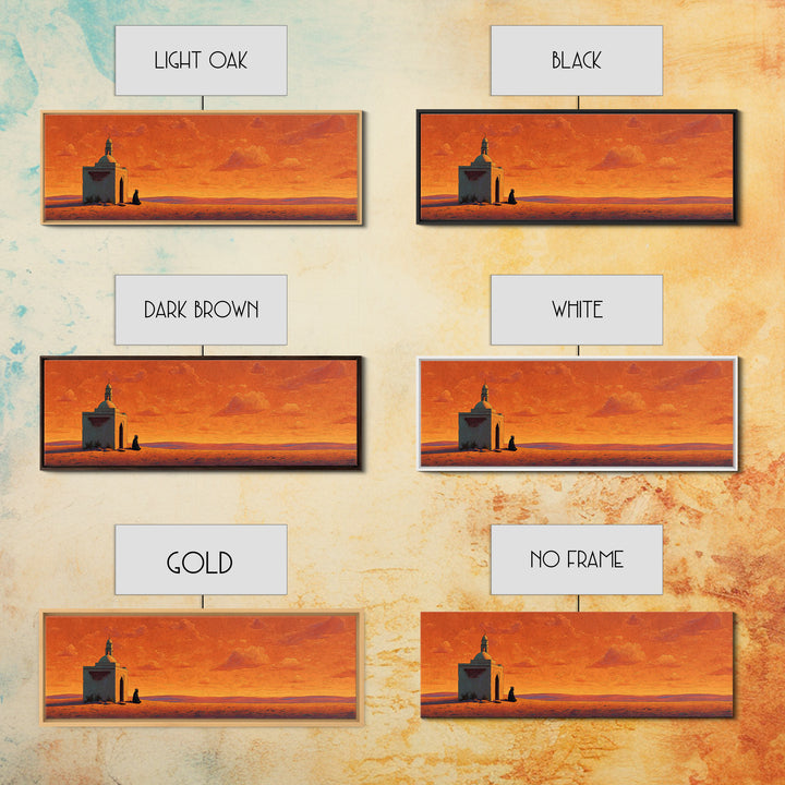 Orange Desert Mosque At Sunset Wall Art, Islamic Landscape Print, Panoramic Canvas, Prayer Room Decor, Warm Earth Tone Home Decor