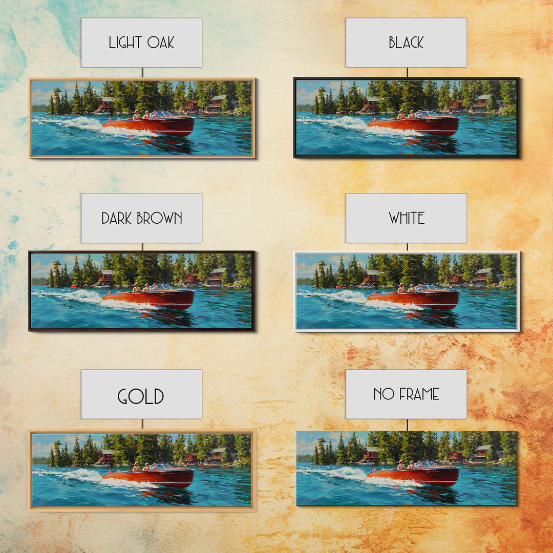Classic Speedboat On Lake Painting With Bright Red Wood Vessel And Scenic Nature Watercraft Wall Art Print
