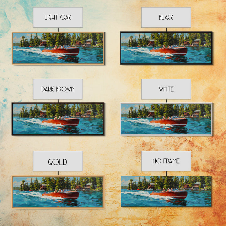 Classic Speedboat On Lake Painting With Bright Red Wood Vessel And Scenic Nature Watercraft Wall Art Print