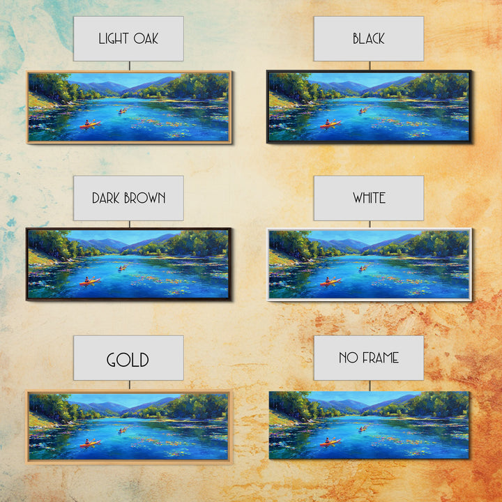 Kayakers On Blue Mountain River Wall Art, Panoramic Landscape Canvas Print, Nature Wall Decor, Living Room Art, Large Horizontal Home Decor