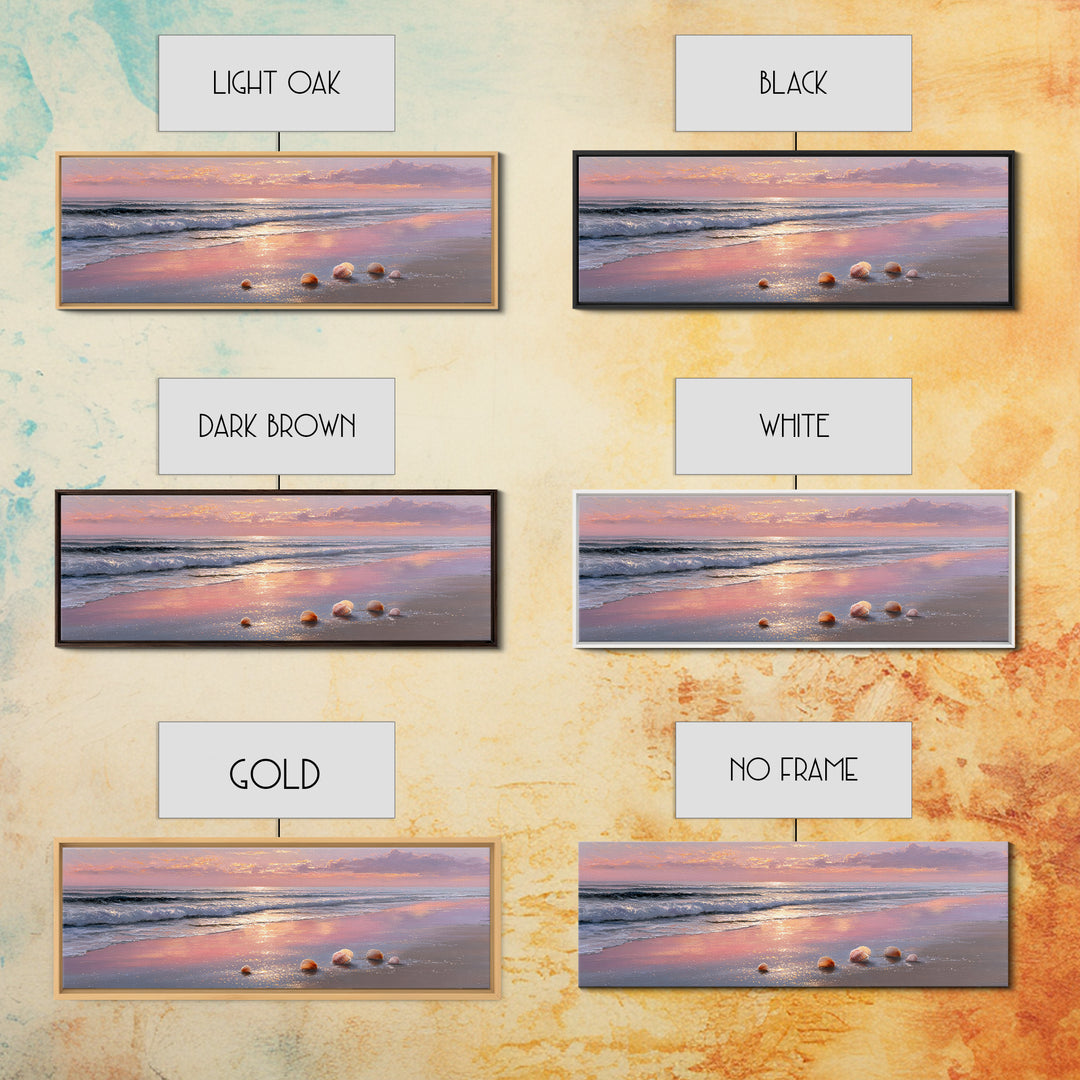 Sunset Ocean Shells Framed Canvas Print, Shimmering Beach Seascape, Coastal Wall Art For Bedroom And Beach House Decor Gift