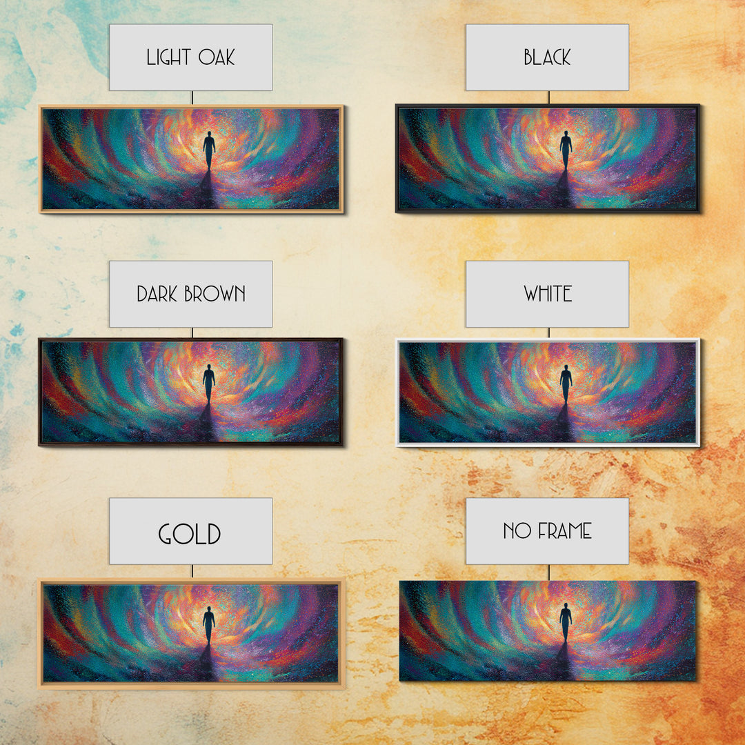 Silhouette Walking Into Rainbow Vortex Wall Art, Abstract Psychedelic Art Print, Meditation Decor, Modern Canvas Print For Living Room