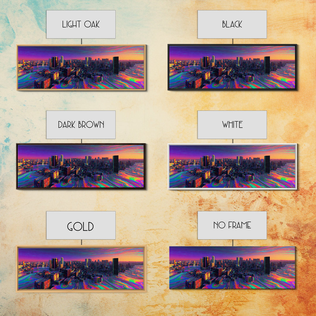 Neon Cyberpunk City Canvas Print, Futuristic Skyline Wall Art, Glitch Urban Decor, Modern Gaming Room Panoramic Wall Art Print