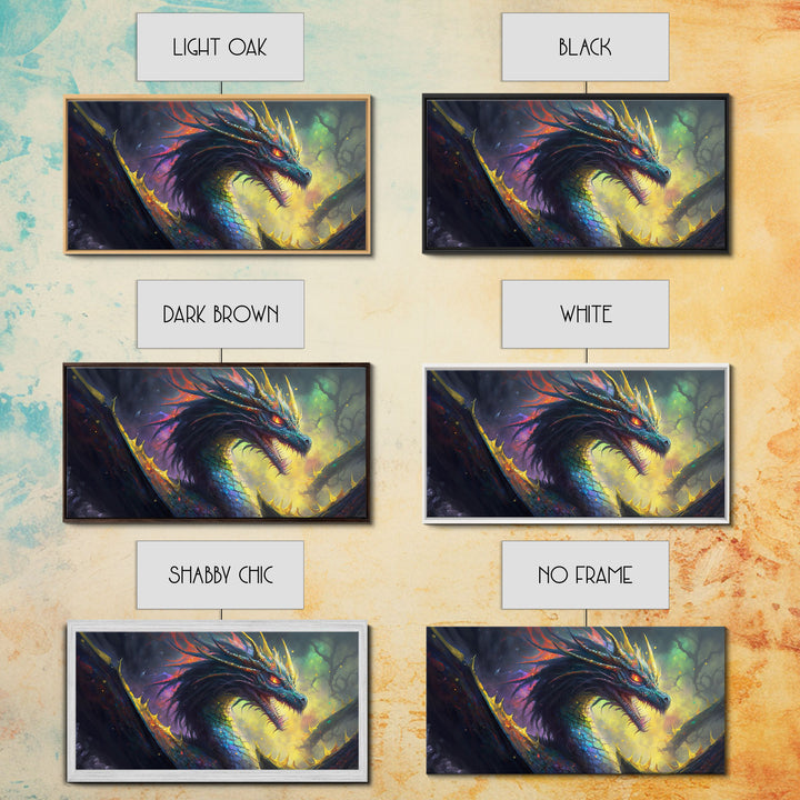 Psychedelic Fire Breathing Horned Dragon, Framed Canvas Print, Colorful Fantasy Wall Art, Videogame Concept Decor