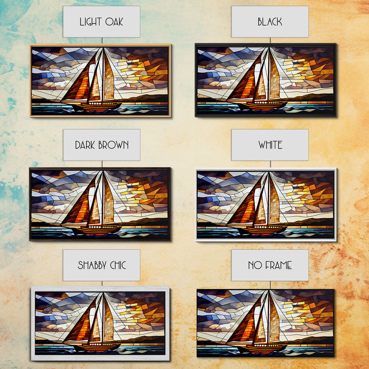 Art Deco Stained Glass Sail Boat Wall Art | Framed Canvas Print | Nautical Art | Seascape Art | Beach House Decor