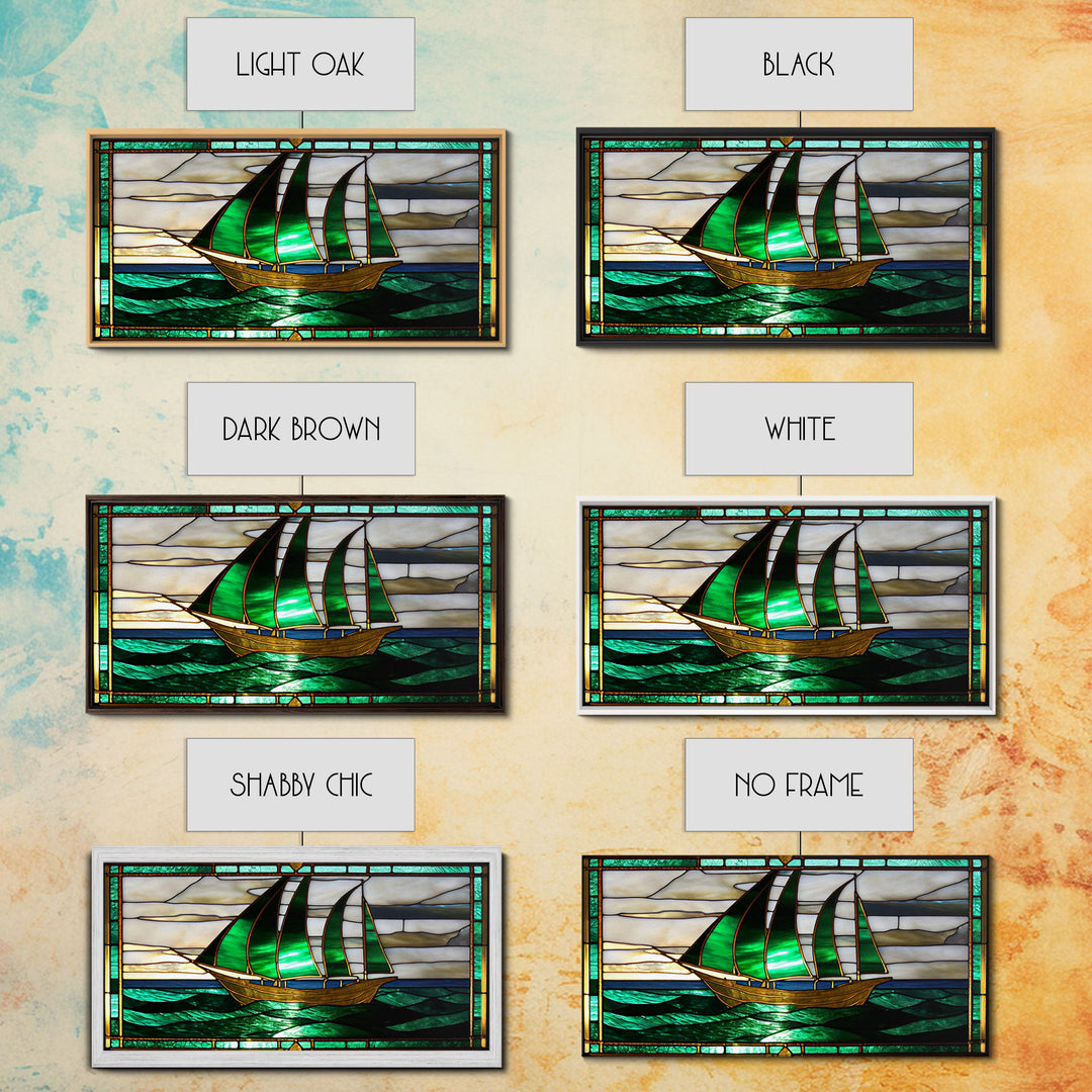 Emerald Green and Gold Art Deco Sail Boat, Framed Canvas Print, Retro MCM Style Wall Art, Midcentury Modern, Vintage Style, Stained Glass