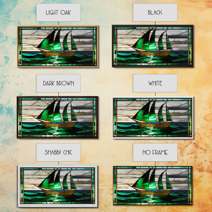 Emerald Green and Gold Art Deco Sail Boat, Framed Canvas Print, Retro MCM Style Wall Art, Midcentury Modern, Vintage Style, Stained Glass