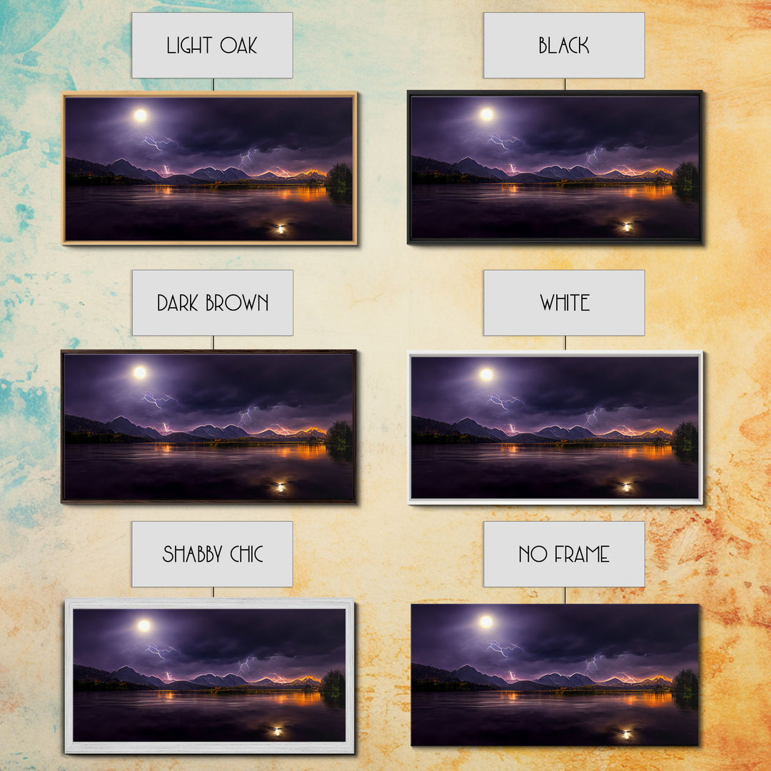 Full moon canvas print, Lightning storm over a mountain lake at night, cool wall art, awesome wall art