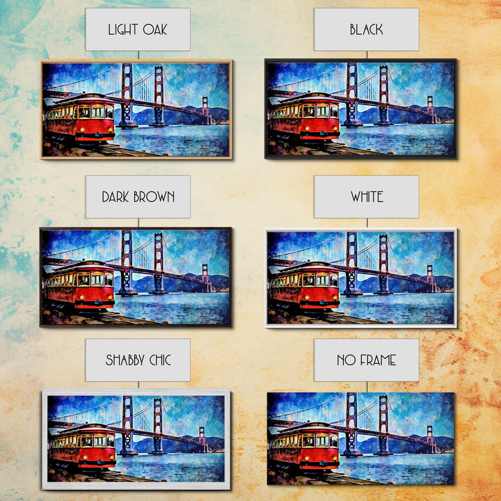 Watercolor Golden Gate Bridge Wall Art, Cable Car, San Francisco, Panoramic Wall Decor, Canvas Print, Wall Art, Framed Canvas Art