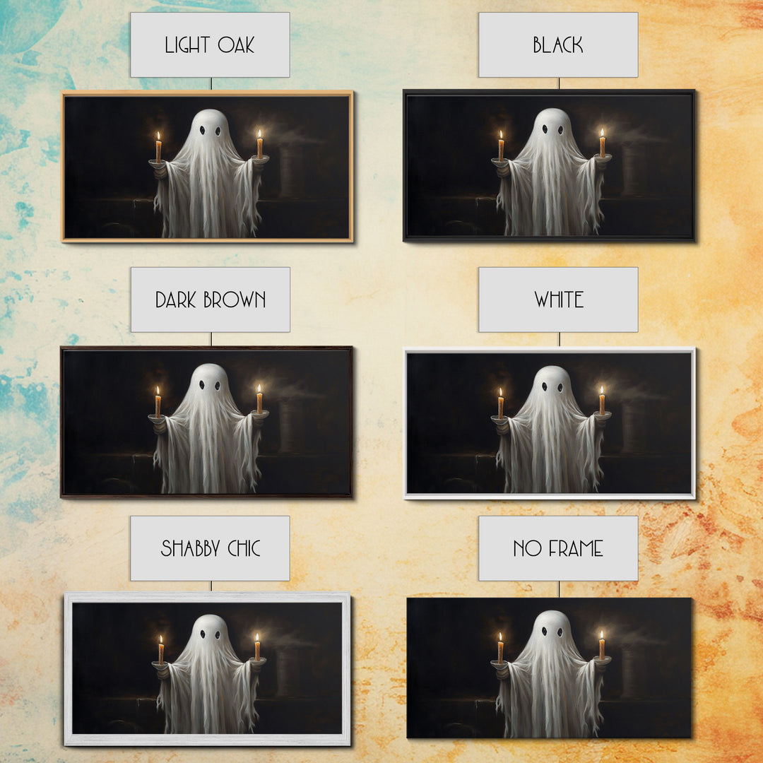 Cute Ghost Holding Candles, Framed Canvas Print, Dark Academia Wall Art, Victorian Oil Painting Style Halloween Wall Art, Ghost Print