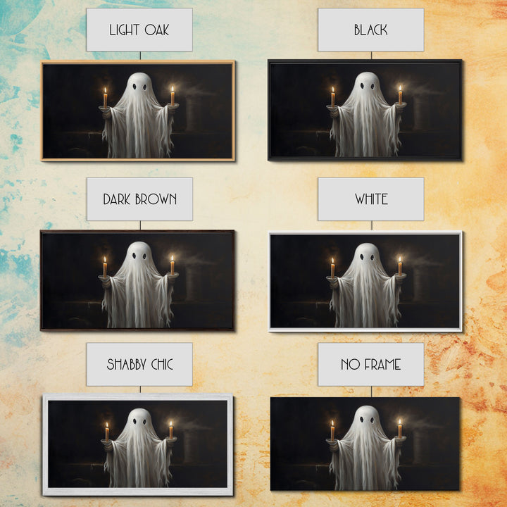 Cute Ghost Holding Candles, Framed Canvas Print, Dark Academia Wall Art, Victorian Oil Painting Style Halloween Wall Art, Ghost Print