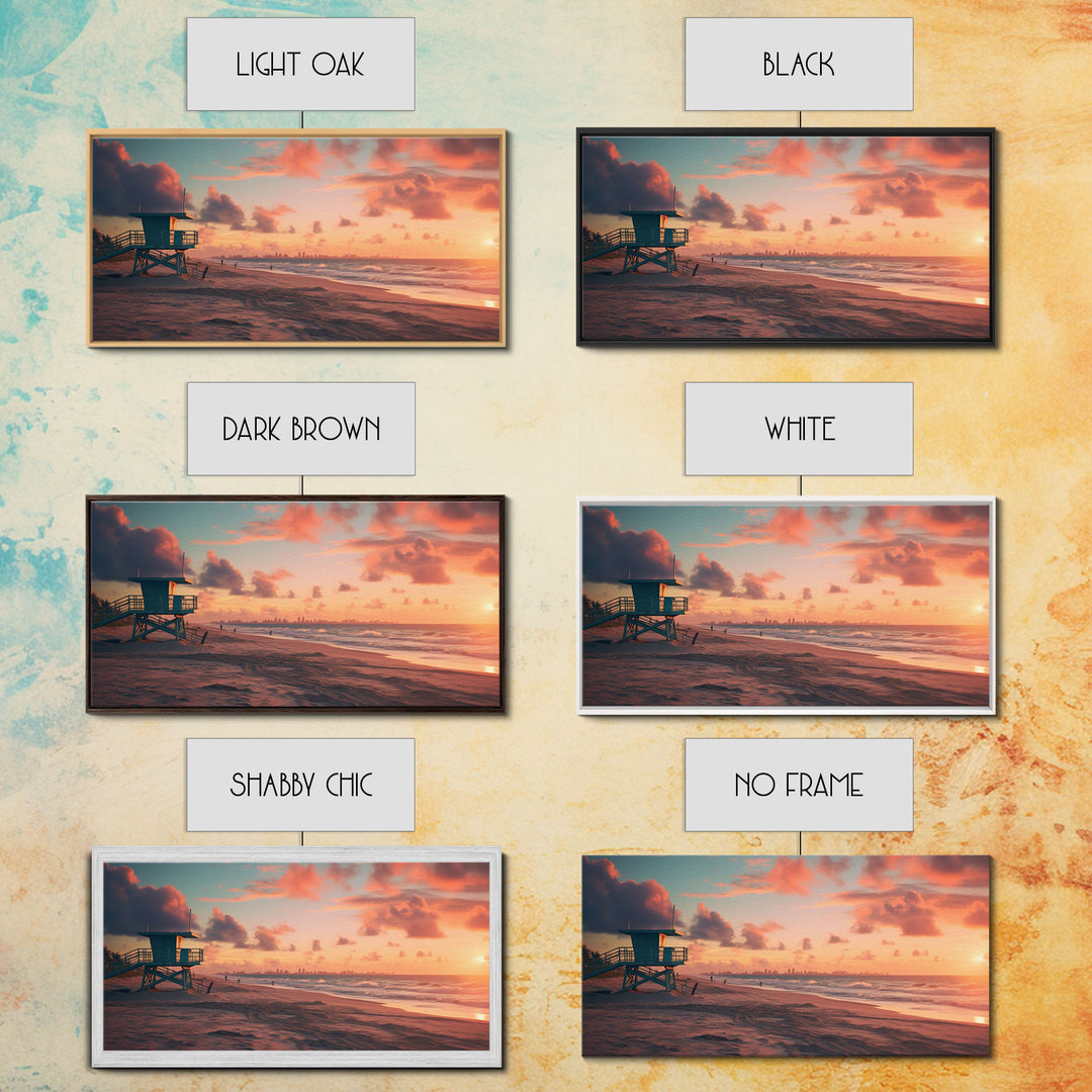 Beach At Sunset Vaporwave Decor, Nautical Framed Canvas Print, Eclectic Retro Wall Art, 1980s Vibes Decor, Vintage Photography, Liminal Art