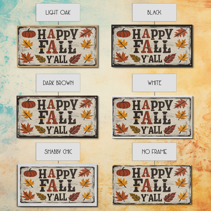 Happy Fall Y'all Typography Art, Modern Farmhouse Wall Decor, Dining Room Wall Sign Kitchen Decor Large Framed Canvas Print, Fall Wall Art