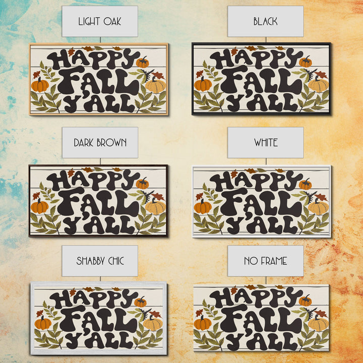 Happy Fall Y'all Typography Art, Modern Farmhouse Wall Decor, Dining Room Wall Sign Kitchen Decor Large Framed Canvas Print, Fall Wall Art