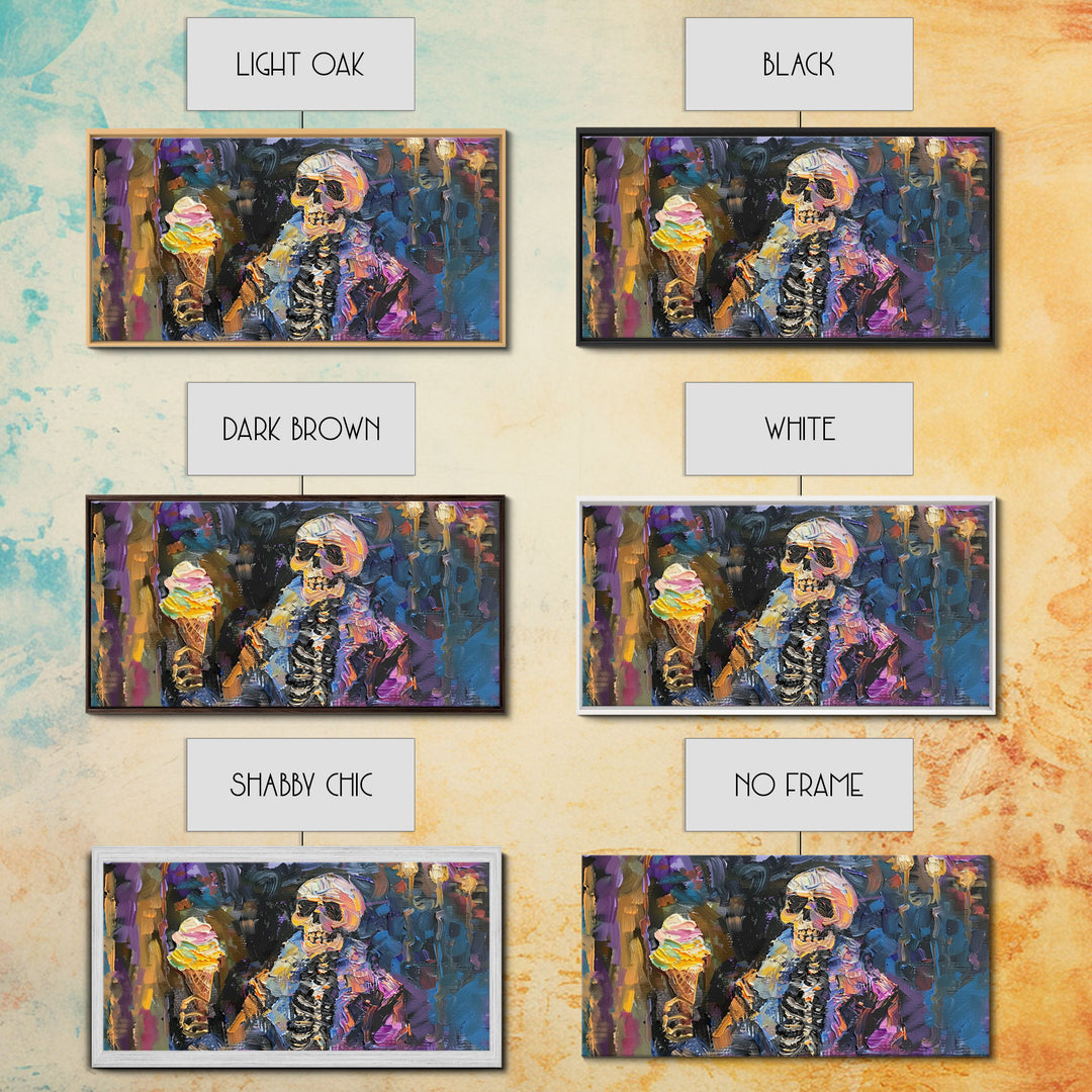 Halloween Art, Skeleton Having an Ice Cream Cone, Framed Canvas Print, Halloween Decor