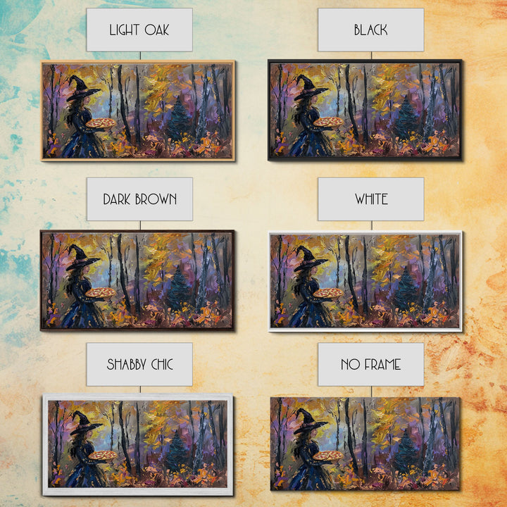Witch Having A Pizza Party For One In The Haunted Forest, Framed Canvas Print, Funny Halloween Art