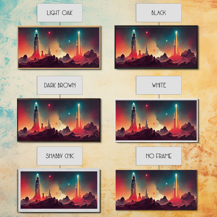 Art deco style space canvas print, space ship art, space art, outrun style, sci-fi themed art print, science fiction, space exploration