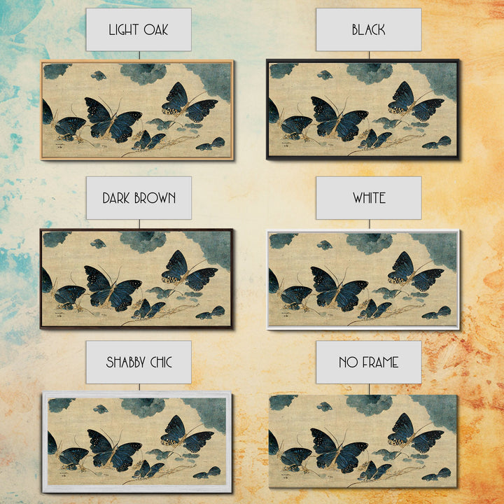 Retro Japanese Style Butterflies Wall Art, Framed Canvas Print, Framed Wall Art, Blue butterfly Art