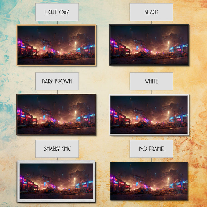 Destitute cyberpunk city with neon signs wall art, Bladerunner vibes art, synthwave style art, cool wall art