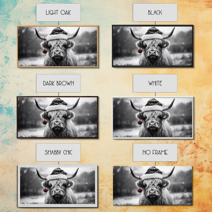 Highland Cow Wearing Santa Hat, Festive and Fun Framed Canvas Print for Holiday Wall Art, Living Room or Bedroom Decor