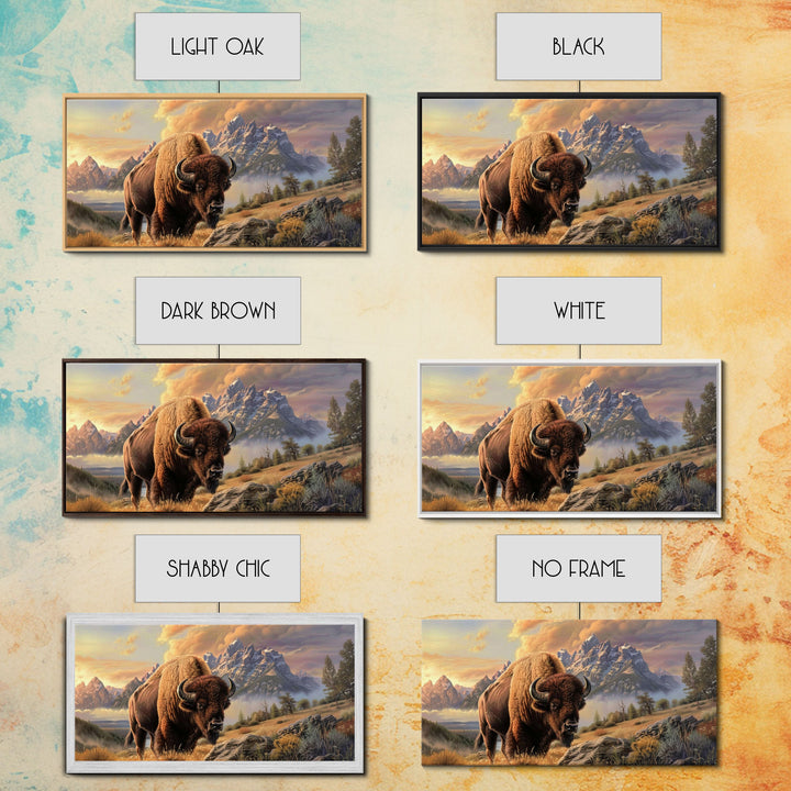 Powerful Bison in Mountain Valley, Framed Canvas Print, Ideal for Living Room Art, Nature Inspired Wall Art, Bedroom Decoration