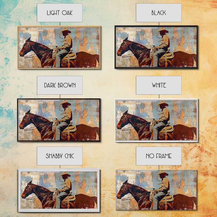 Cowboy on Horseback, Textured Background, Modern Living Room Art, Framed Canvas Print, Rustic Home Decoration, Boho Wall Art