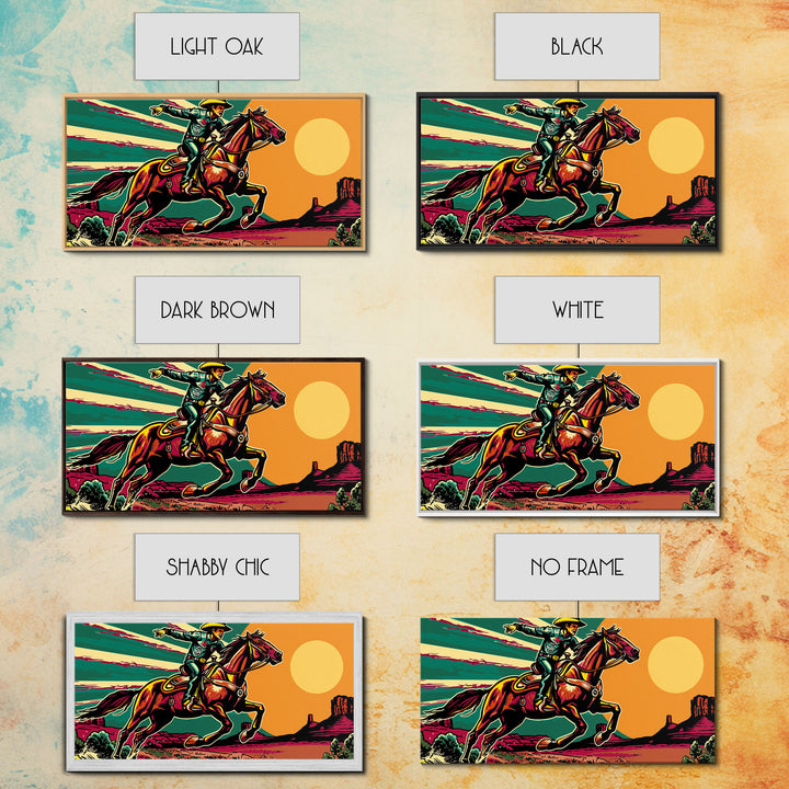 Vintage Cowboy Riding Horse, Western Sunset Wall Art, Framed Canvas Print, Rustic Decor, Cowboy Art, Country Living Room