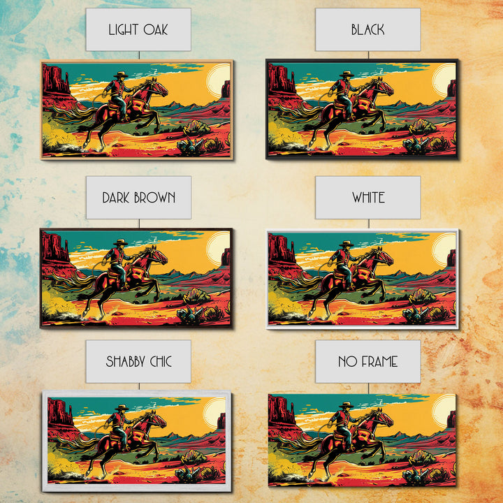 Cowboy Galloping in Desert, Vibrant Sunset Western Art, Framed Canvas Print, Farmhouse Decor, Colorful Wall Art, Cowboy Theme