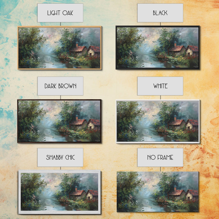 Serene River Cottage with Flowers, Framed Canvas Print, Farmhouse Style, Living Room Decor, Bedroom Art, Nature Scene