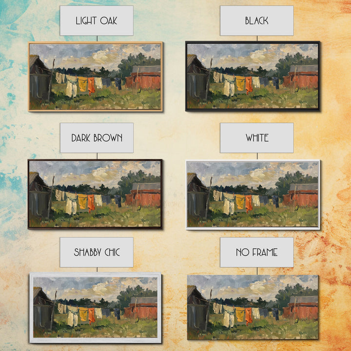 Sunny Day on the Farm with Clothesline, Framed Canvas Print, Rustic Wall Art, Living Room Decor, Farmhouse Style, Country Scene