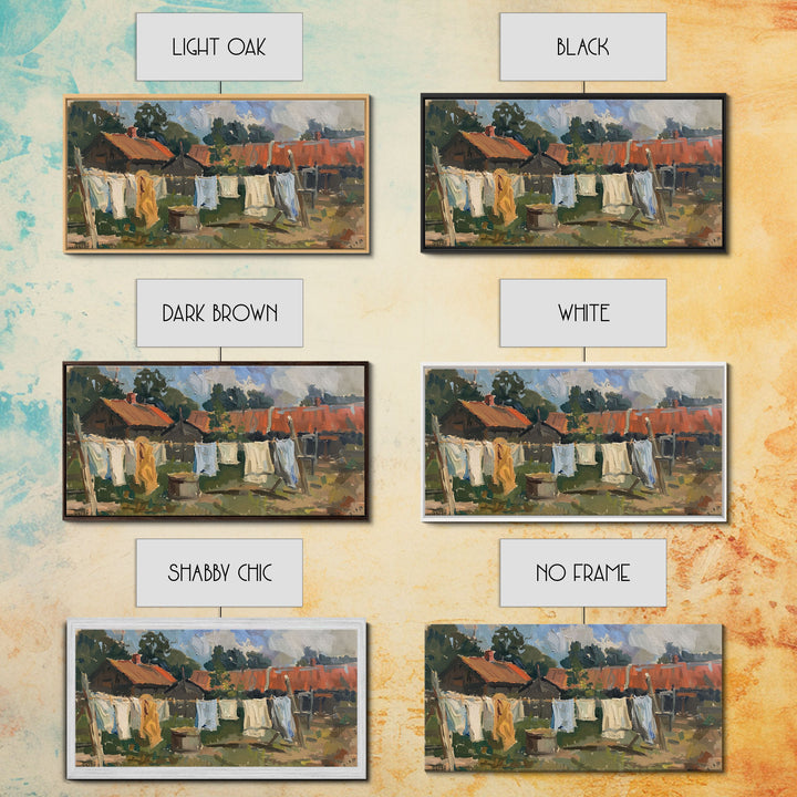 Rustic Homestead with Clothesline, Framed Canvas Print, Farmhouse Style, Living Room Art, Country Decor, Vintage Scene